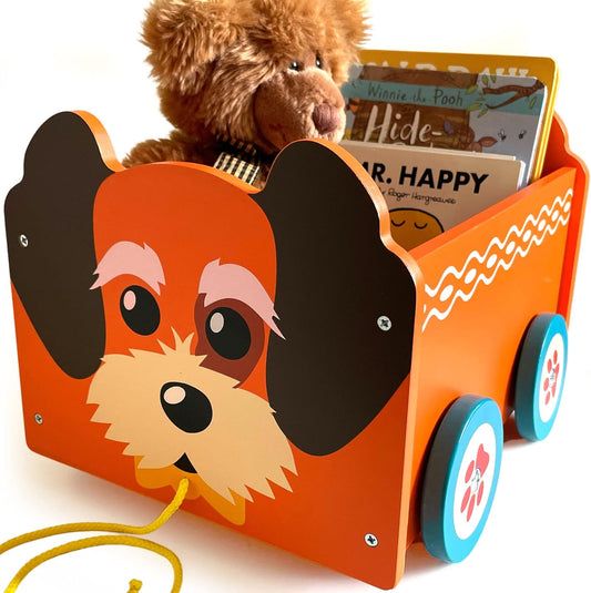 Bee Smart Caixa de brinquedos de madeira - Animal Cachorro | Carrinho pull along 2 em 1 e caixa de armazenamento sobre rodas para berçário ou quarto infantil | Troncos de bebê para brinquedos infantis