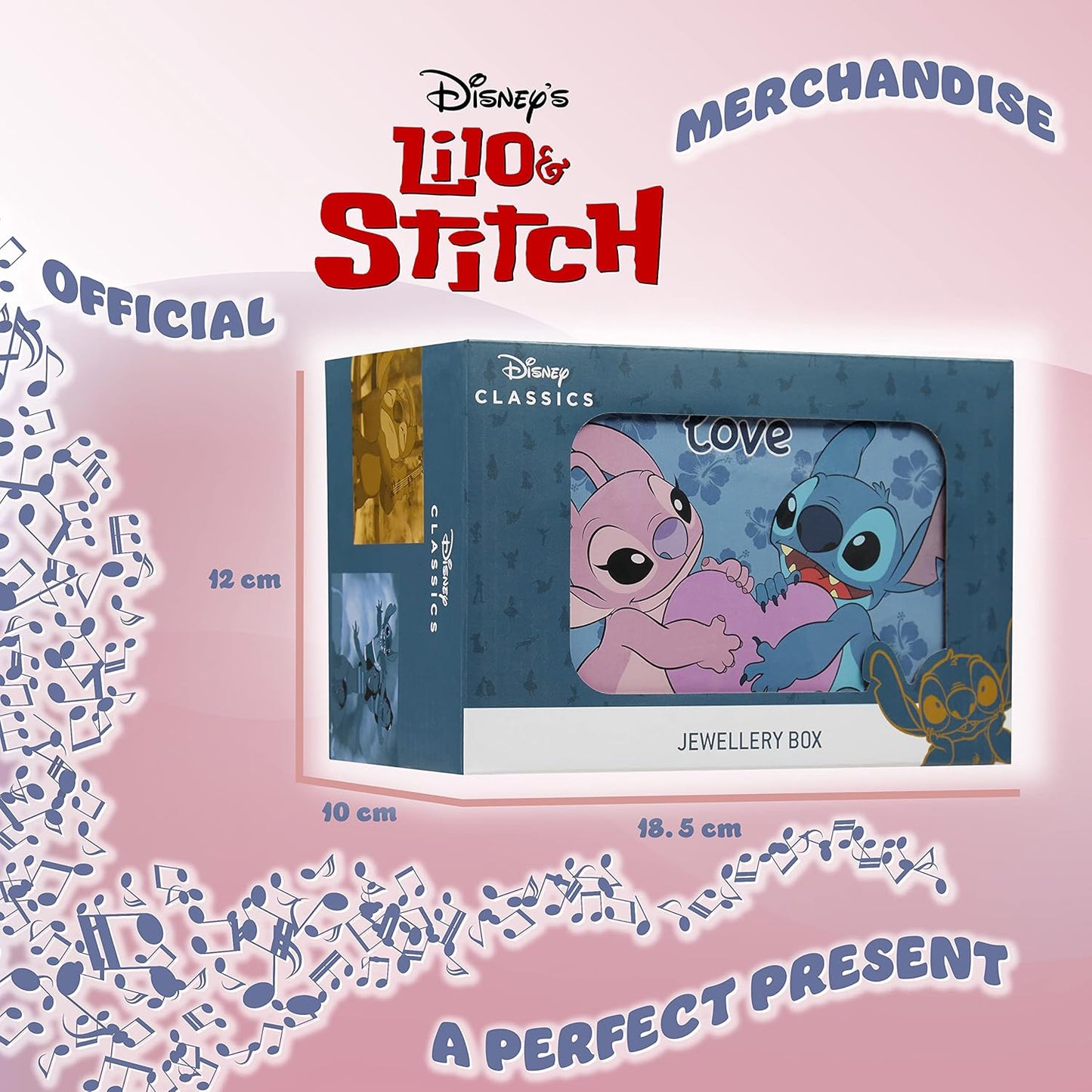 Disney - Joyero Musical Stitch &amp; Angel para Niñas | Licencia oficial | Melodía mágica de cuerda, marioneta giratoria | 18,5 cm largo x 12 cm ancho x 10 cm profundidad, azul, talla única, plástico