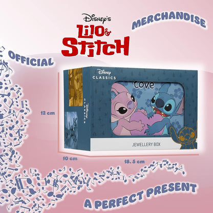 Disney - Joyero Musical Stitch &amp; Angel para Niñas | Licencia oficial | Melodía mágica de cuerda, marioneta giratoria | 18,5 cm largo x 12 cm ancho x 10 cm profundidad, azul, talla única, plástico