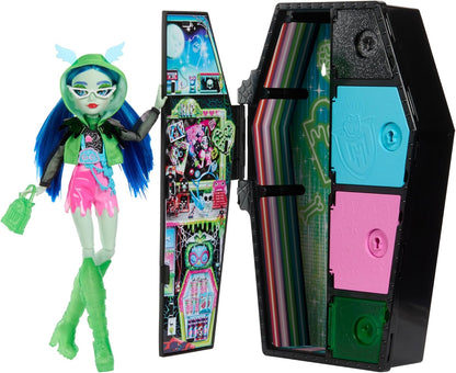 Monster High Boneca e conjunto de moda, boneca Ghoulia Yelps, Skulltimate Secrets: Neon Frights, armário de vestir com mais de 19 surpresas, HNF81