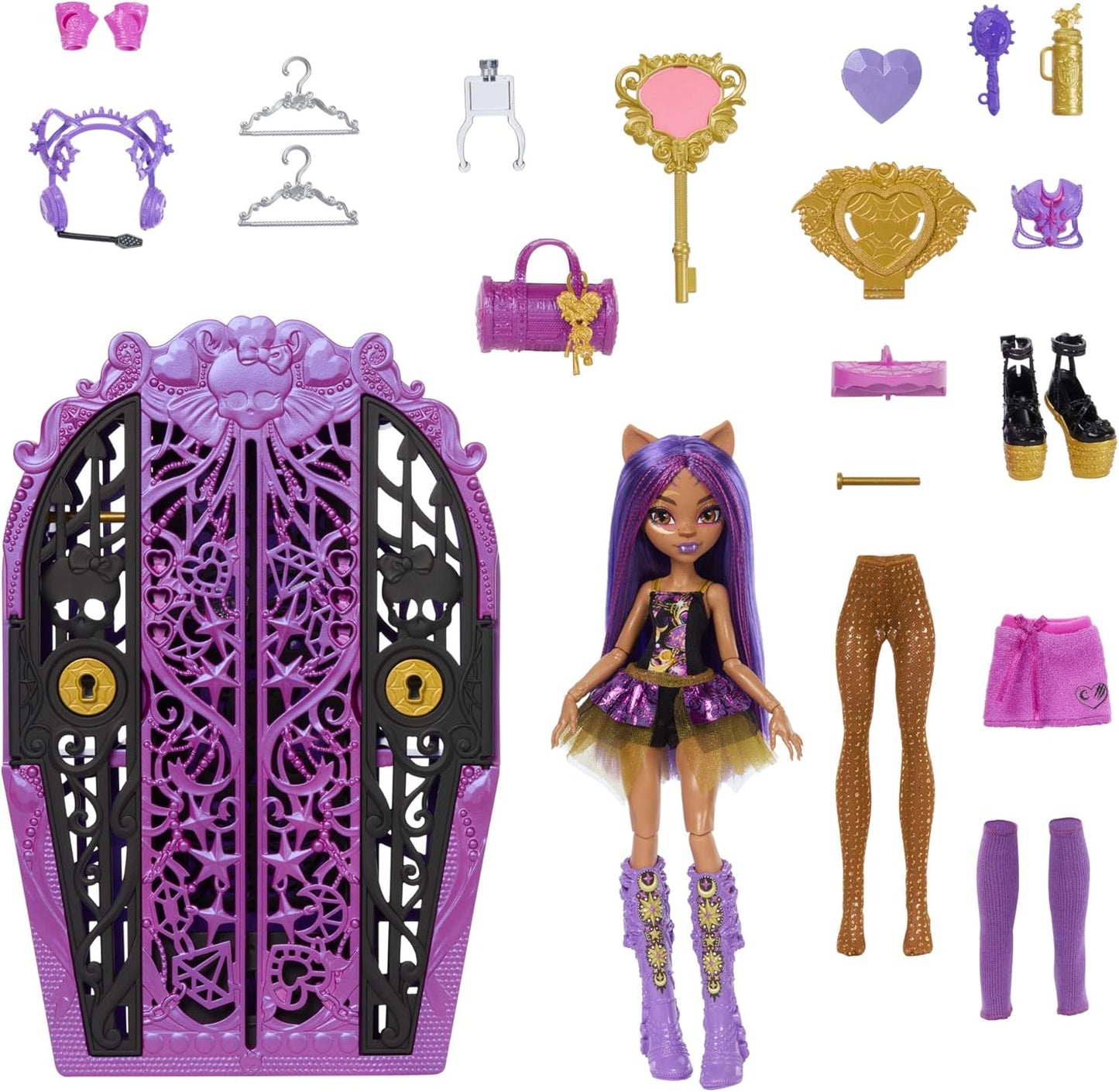 Monster High Skulltimate Secrets Juego de muñecas y accesorios, Monster Mysteries Clawdeen Wolf con tocador y más de 19 sorpresas, incluidos trajes, HXH85