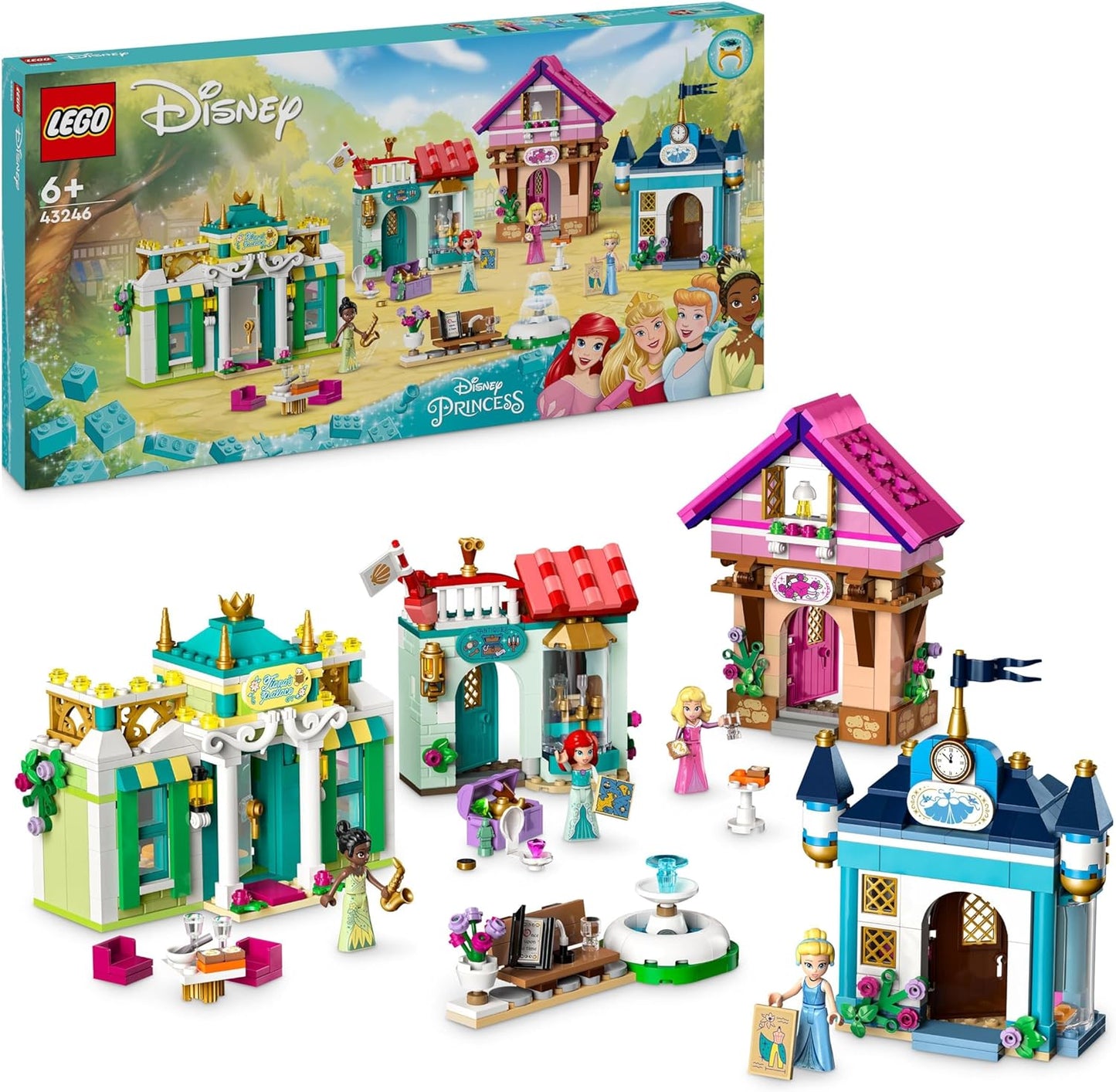 LEGO ǀ Disney Princess: Disney Princess Market Adventure, brinquedo montável para crianças, meninas e meninos com minibonecas Tiana, Aurora, Ariel e Cinderela e 4 casas, ideia imaginativa para presente 43246