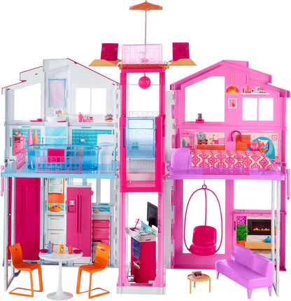 Barbie Casa de bonecas de 3 andares com elevador, cadeira de balanço, móveis e acessórios, dobrável para portabilidade e viagem, DLY32