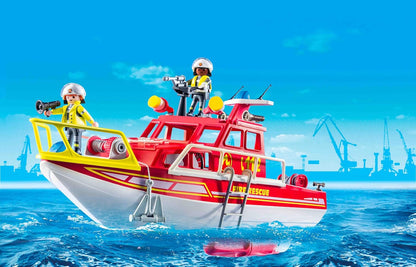 Playmobil 71598 Action Heroes: barco de resgate de incêndio, missão de resgate na água, barco flutuante com teto e acessórios removíveis, conjuntos de jogos cheios de ação adequados para crianças a partir de 4 anos