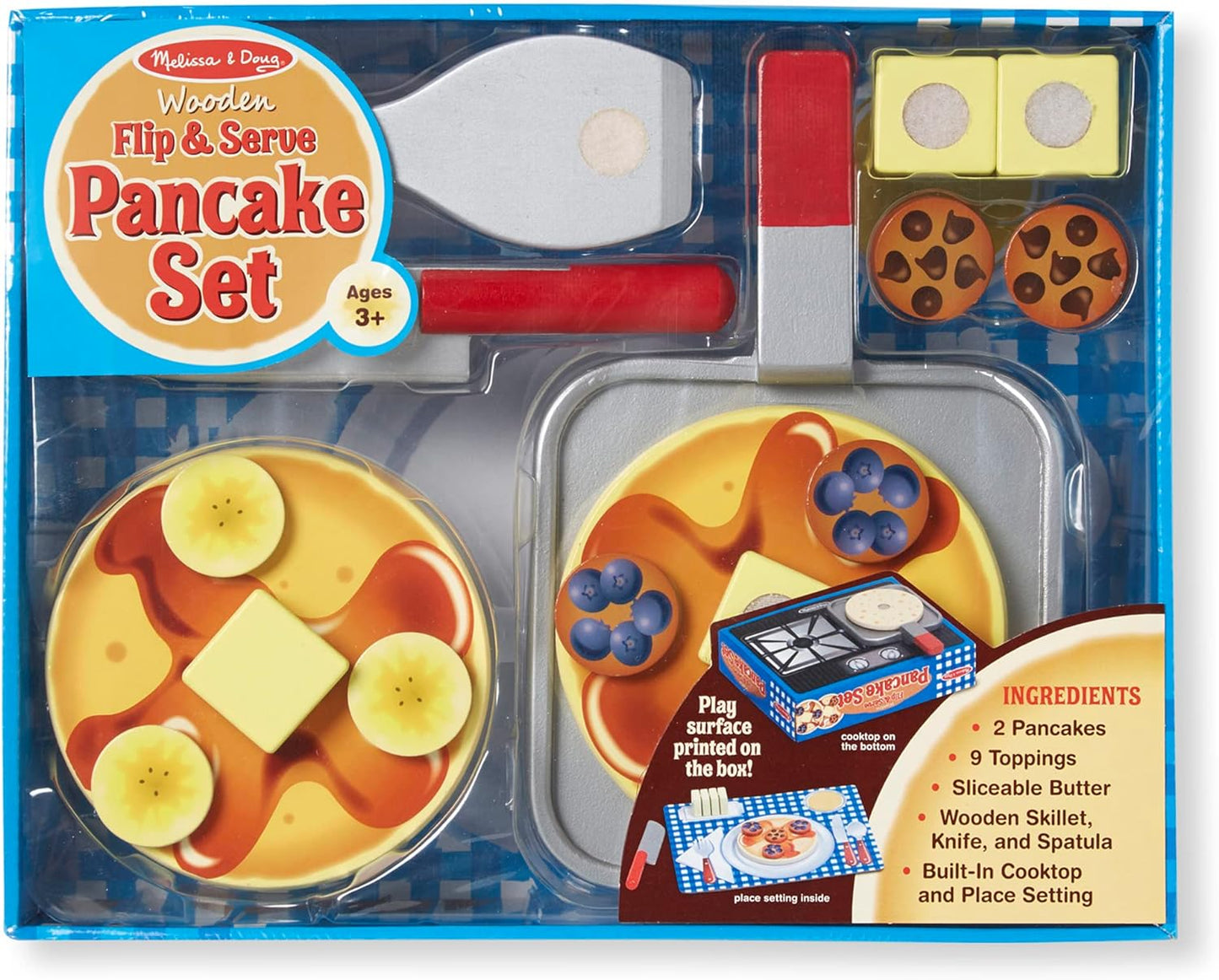 Melissa &amp; Doug Flip and Serve Pancake Set (19 piezas) - Comida de madera para desayuno, color marrón