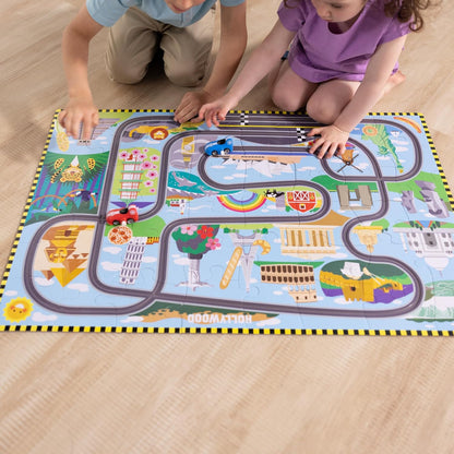 Melissa e Doug Race Around the World Tracks quebra-cabeças de papelão e veículos de corda, tabuleiro ocupado, quebra-cabeças para crianças de 3 anos, brinquedos Montessori