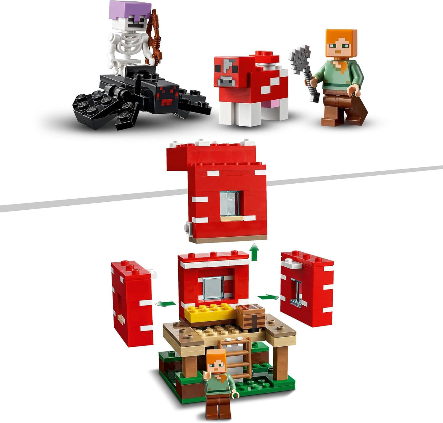 LEGO Conjunto Minecraft The Mushroom House, brinquedo de construção para crianças a partir de 8 anos, ideia de presente com figuras de Alex, Mooshroom e Spider Jockey