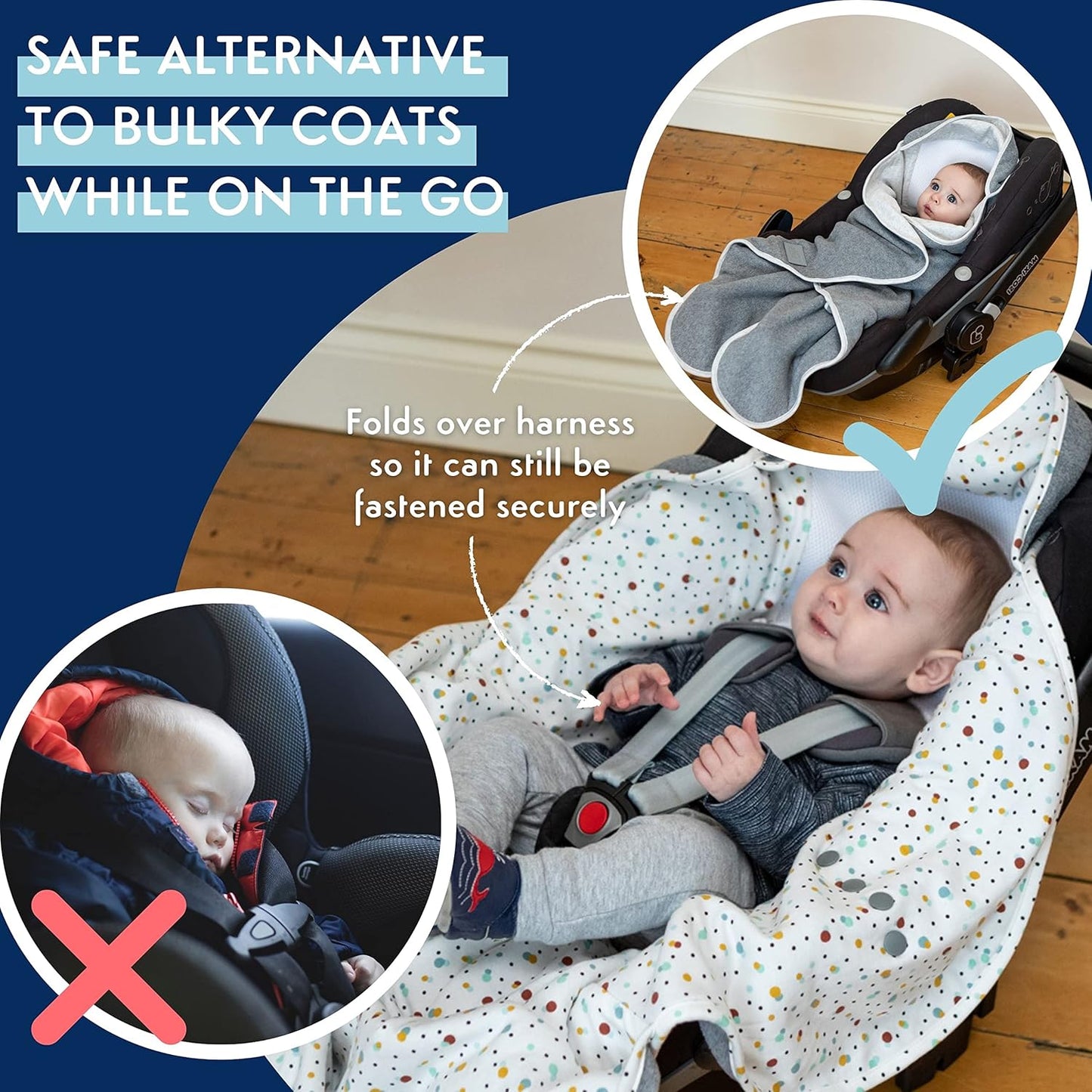 PurFlo Cobertor de viagem Cosy Wrap | Forro de algodão de luxo e exterior de lã macia | Cobertor respirável para assento de carro e carrinho de bebê Star | Alternativa mais segura para um cobertor solto para assento de carro