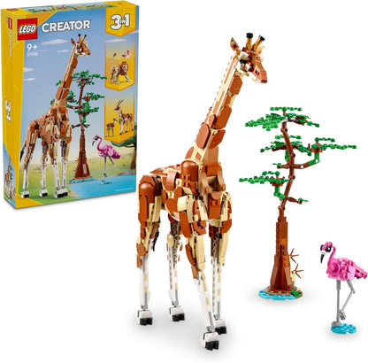 LEGO Criador 3 em 1 animais selvagens de safari, brinquedo de girafa para figuras de gazela para modelo de leão, conjunto para crianças, meninas e meninos de 9 anos ou mais, inclui flamingo e borboleta, presentes da natureza