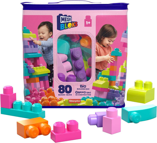 MEGA Brinquedos de bloco para crianças BLOKS Fisher-Price, bolsa de construção grande com 80 peças e bolsa de armazenamento, rosa, ideias de presentes para crianças de 1 ano ou mais, DCH62