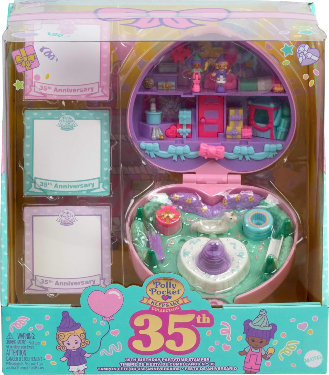 Polly Pocket Dolls e Playset, Collector Heritage Compact, 35th Birthday Partytime Stamper com 2 bonecas, 3 selos de festa e 12 cartões estacionários, HWP20