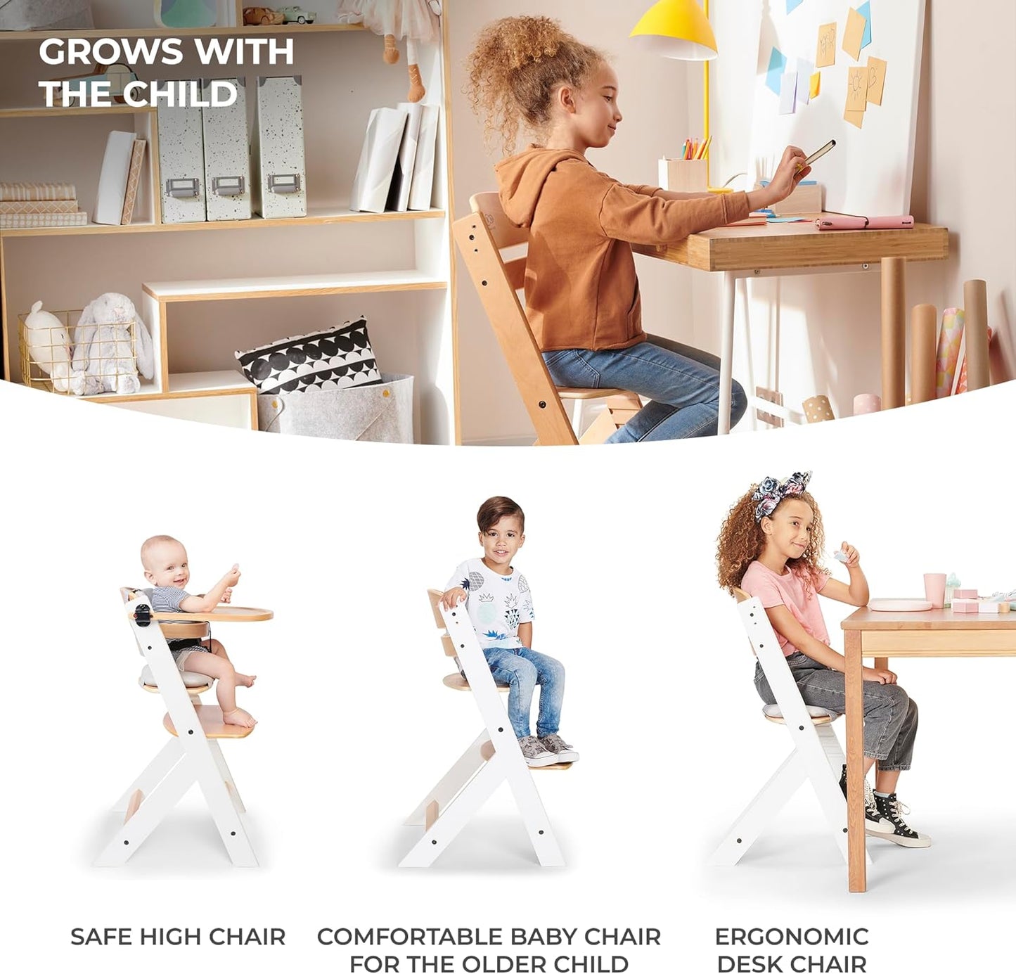 Kinderkraft NECK Trona 3 en 1 de Madera, Silla Bebé Multifuncional, Altura Regulable y Reposapiés, Cinturón de Seguridad, con Bandeja Extraíble, para Niños hasta 10 Años, Blanco