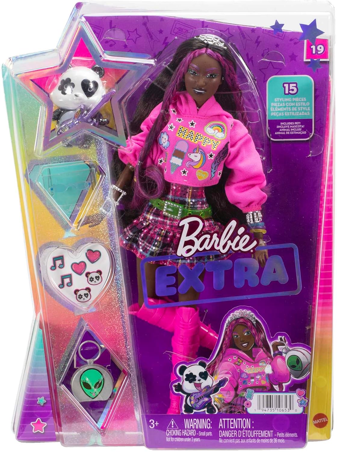 Barbie Boneca com Panda de Estimação, Barbie Extra, Brinquedos Infantis, Roupas e Acessórios, Cabelo Moreno com Listras Rosa, Moletom com Capuz Gráfico e Saia Xadrez, HKP93