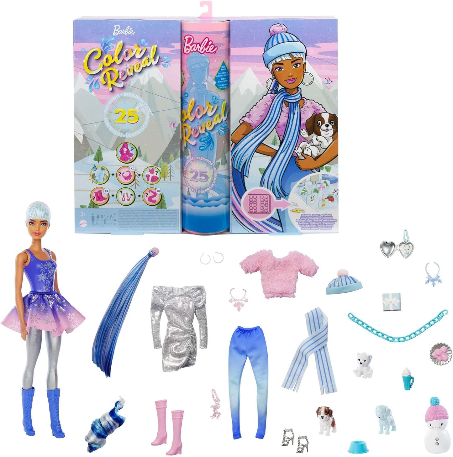 Barbie Calendário do advento de revelação de cores da, 25 surpresas incluem boneca Barbie de revelação de cores, animal de estimação de revelação de 1 cor, roupas, acessórios, presente para crianças de 3 anos ou mais