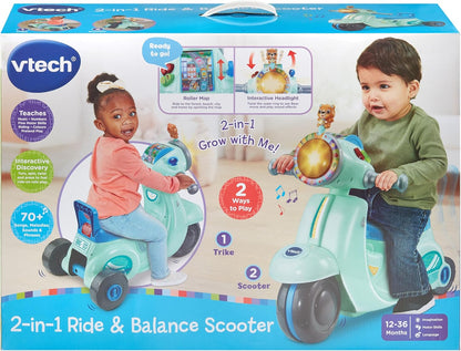 VTech  Patinete de passeio e equilíbrio 2 em 1 para bebês, azul, modo de bicicleta de equilíbrio e modo triciclo, farol iluminado, músicas, frases de segurança rodoviária e sons de patinete, brinquedo para crianças de 12, 18, 24 meses +, versão em inglês