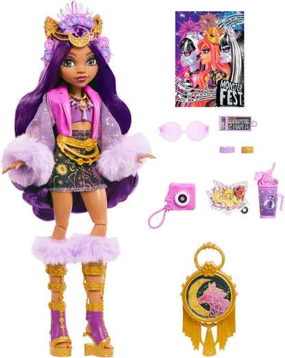 Monster High Boneca Clawdeen Wolf com roupa Glam Monster Fest e acessórios temáticos do festival, como lanches, pôster da banda, bolsa de declaração e muito mais