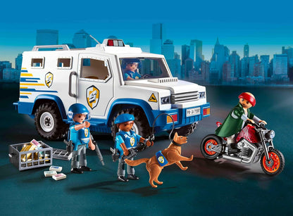 Playmobil 71597 Action Heroes: Police Money Transporter, thrilling heist chase, including three police officers, a crook on a motorcycle, and a police dog, play sets suitable for children ages 4+