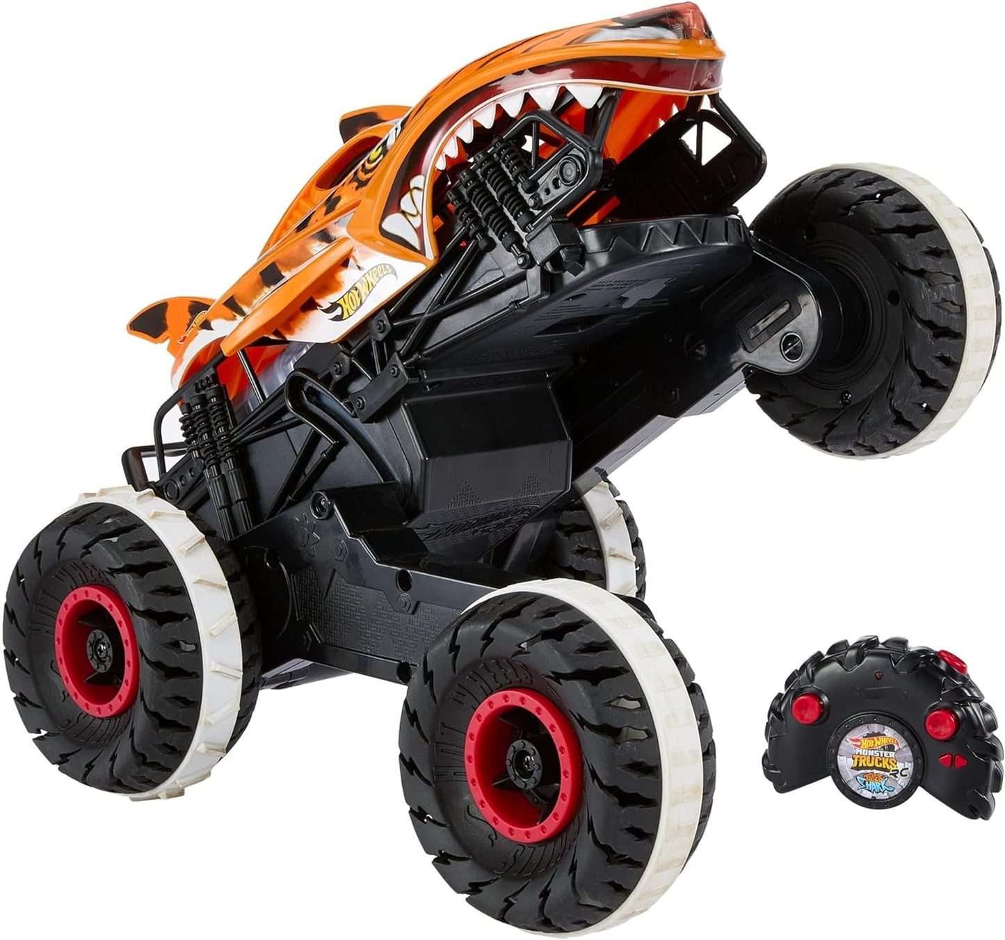 Hot Wheels Monster Trucks HGV87, Tiburón tigre imparable con neumáticos Tread Attack y tecnología Terrain Stomp Incluye control remoto 4+ años,