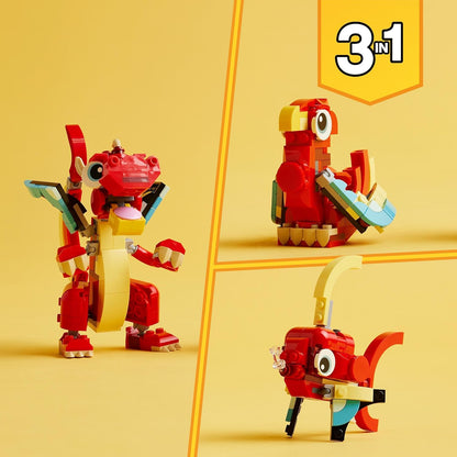 LEGO Criador 3 em 1 Brinquedo Dragão Vermelho para Figura de Peixe para Modelo de Pássaro Fênix, Conjunto de Figuras de Animais, Presentes para Meninos, Meninas e Crianças de 6 Anos ou mais 31145