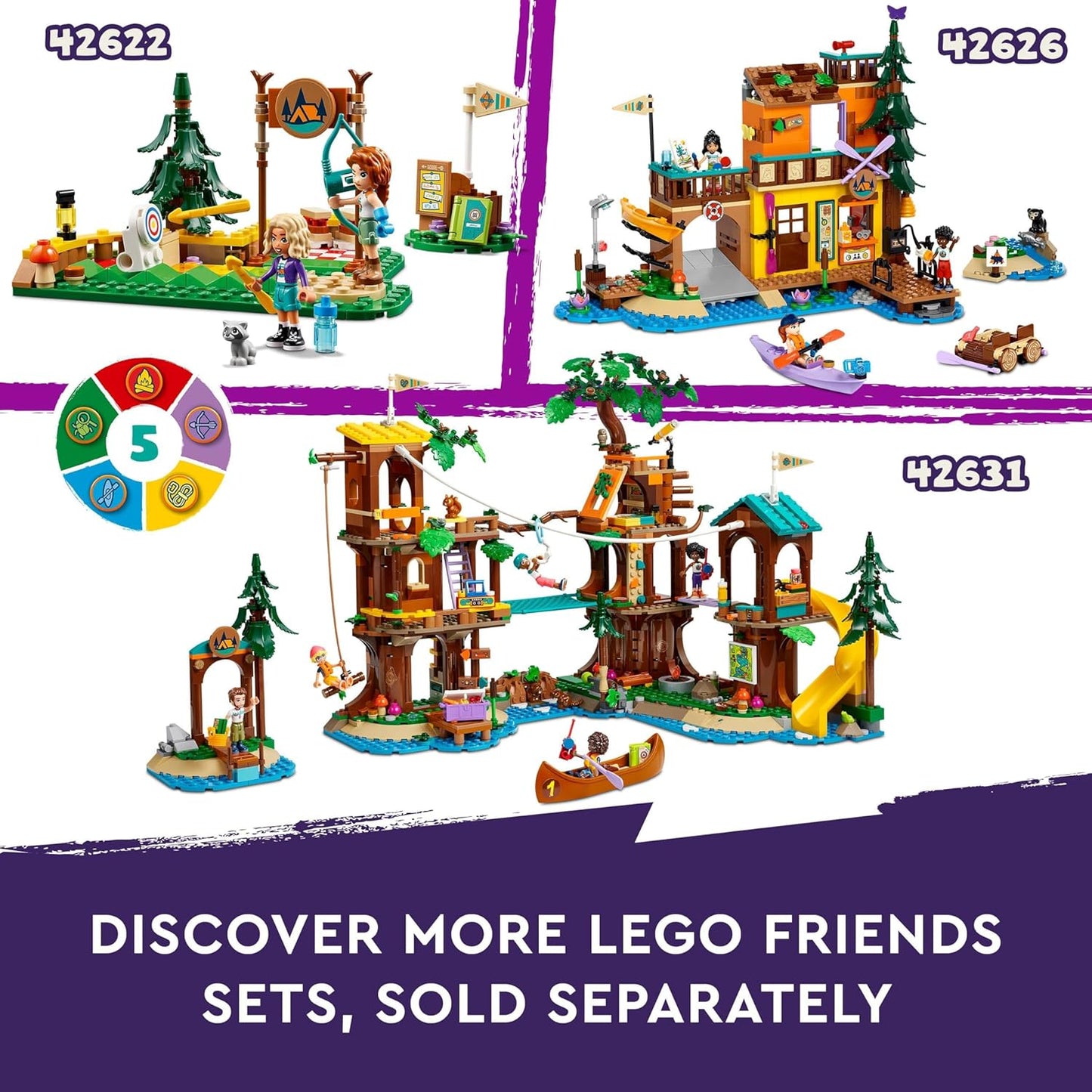 LEGO Conjunto de brinquedos de acampamento Friends Adventure Camp Cozy Cabins, conjunto infantil de natureza, brincadeira de simulação para meninas e meninos de 7 anos ou mais, com 3 personagens minibonecas e uma raposa 42624