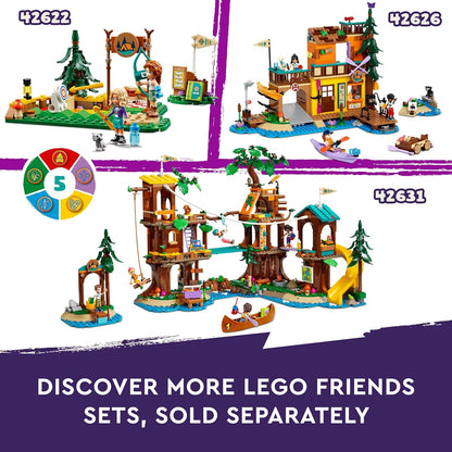 LEGO Conjunto de brinquedos de acampamento Friends Adventure Camp Cozy Cabins, conjunto infantil de natureza, brincadeira de simulação para meninas e meninos de 7 anos ou mais, com 3 personagens minibonecas e uma raposa 42624