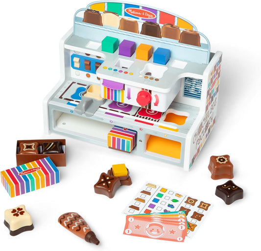 Melissa & Doug Conjunto de brincadeiras de simulação de fábrica de chocolate de madeira fabricante de doces de comida para meninos e meninas