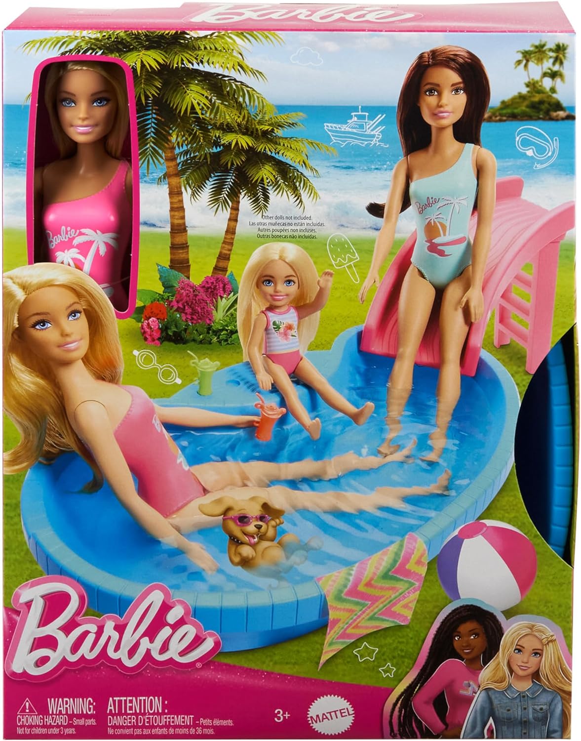 Conjunto de piscina y muñeca Barbie, rubia en traje de baño de una pieza rosa tropical con piscina, tobogán, toalla y accesorios para bebidas, HRJ74