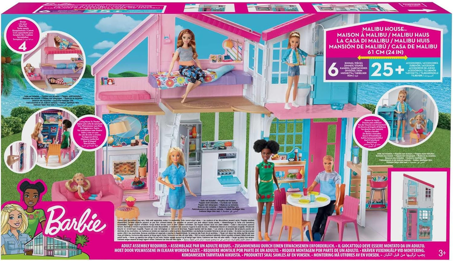 Juego de casa de muñecas Barbie con muñeca Barbie y casa con 2 niveles y 4 áreas de juego, completamente amueblada, con cachorro y accesorios, regalo para niños a partir de 3 años, HHY40