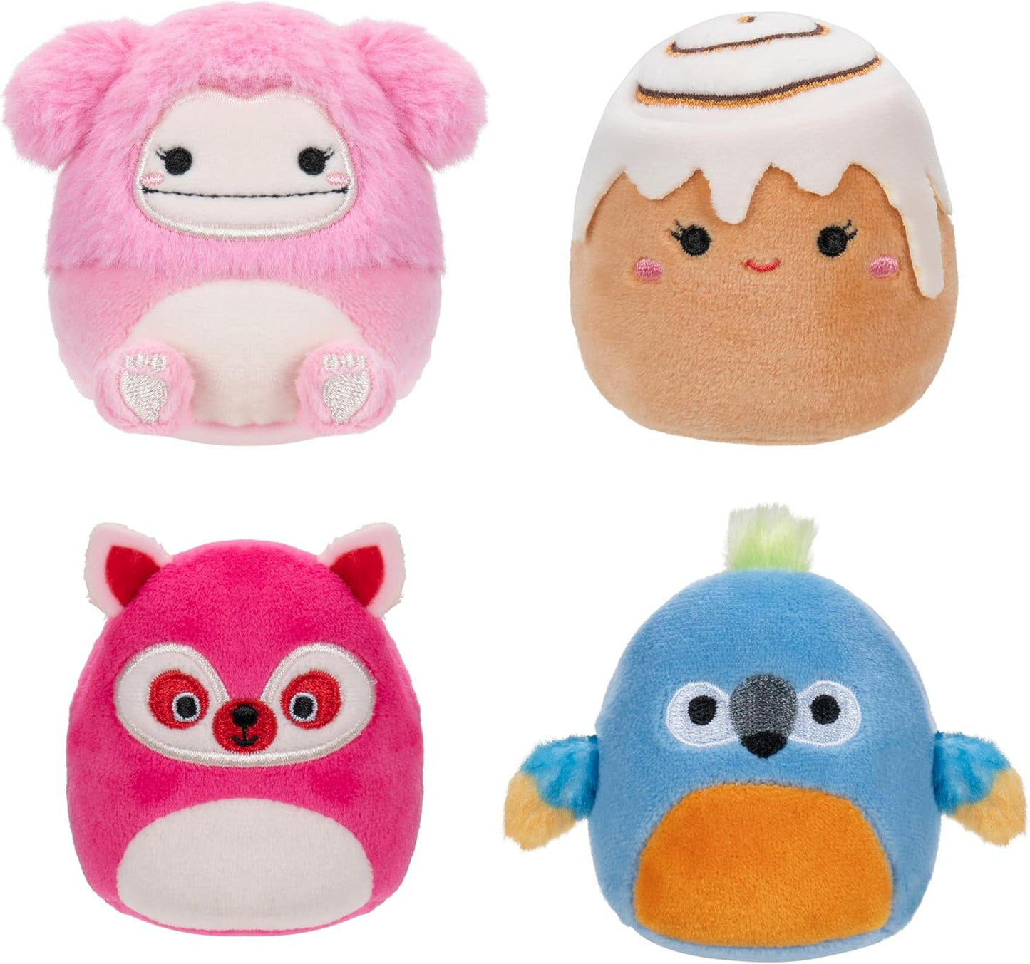 Squishmallows Micromallows Original 4-Pack - Brina Bigfoot, Chanel Cinnamon Roll, Lucia Lemur, Tenise Parrot