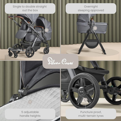 Silver Cross - Carrinho de bebê Wave simples a duplo e pacote de sistema de viagem Dream i-Size - Carrinho de bebê 2 em 1 - Buggy duplo estreito e sistema de viagem - Recém-nascido a 4 anos (22kg) - Lunar