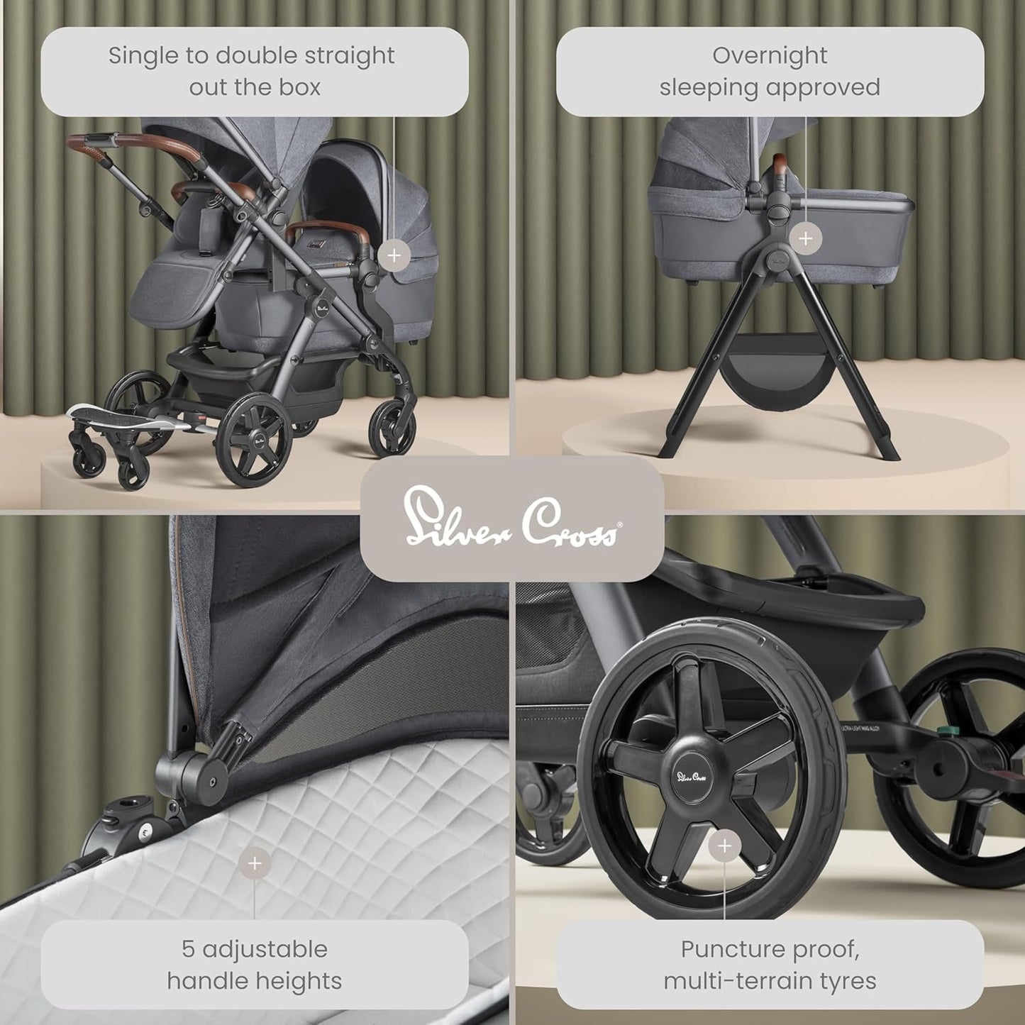 Silver Cross - Pacote de carrinho duplo Wave - Carrinho de bebê 2 em 1 com 2 alcofas e 2 assentos para carrinho - Buggy duplo estreito - Compatível com assento de carro - Recém-nascido a 4 anos (22kg) - Lunar