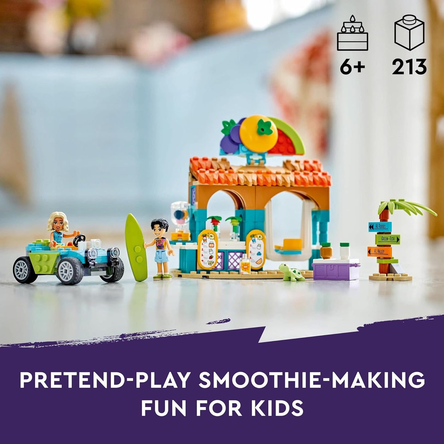 LEGO Barraca de smoothies de praia Friends, conjunto de comida infantil para brincar, ideia de presente para meninas e meninos de 6 anos ou mais, com 2 minibonecas, figura de tartaruga e acessórios 42625