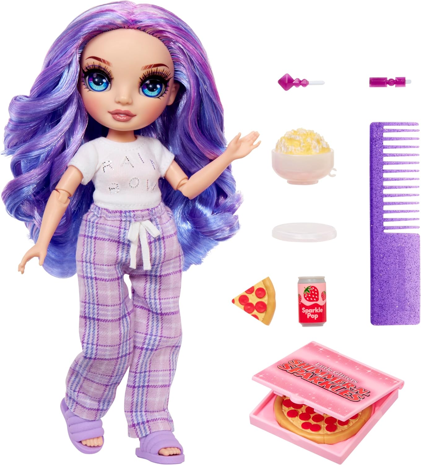 Rainbow High Junior High PJ Party - Violeta (púrpura) - Muñeca articulada de 9" con mameluco suave, pantuflas y accesorios de juego - Juguete para niños pequeños - Ideal para edades de 4 a 12 años