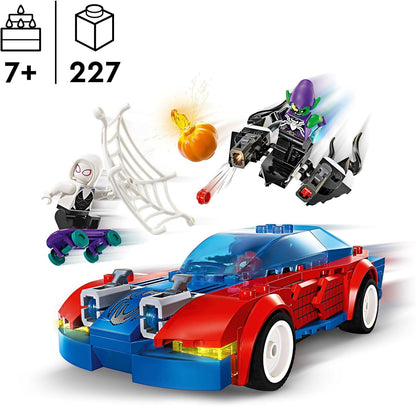 LEGO Carro de corrida do Homem-Aranha da Marvel e Duende Verde Venom, brinquedos de construção de super-heróis para meninos e meninas com uma minifigura do Aranha, além de um veículo de brinquedo montável e atiradores