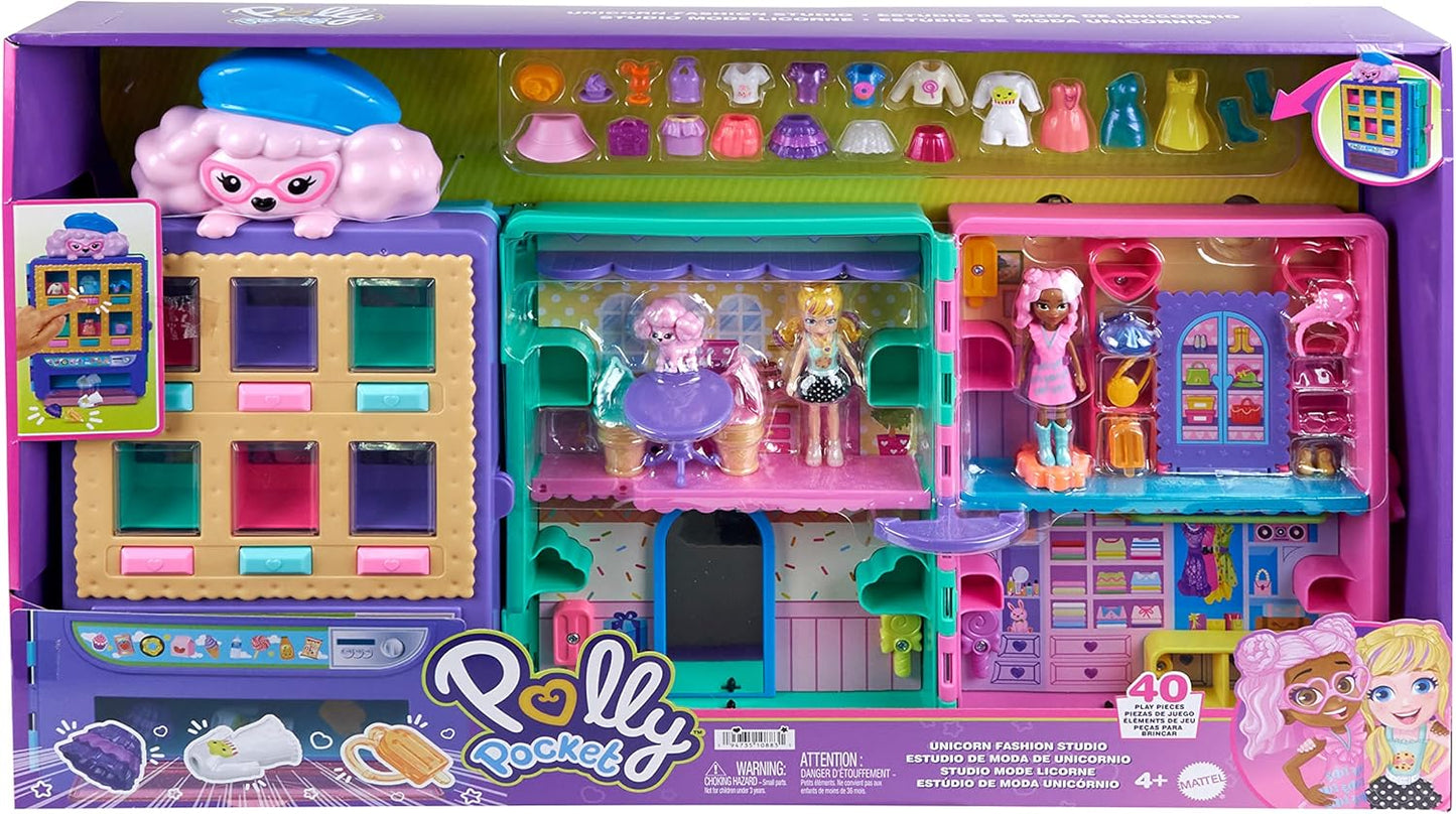 Polly Pocket Playset e 2 bonecas (3 polegadas), máquina de venda automática estilo doce, 2 andares, mais de 35 peças de móveis, roupas e acessórios, HKW12