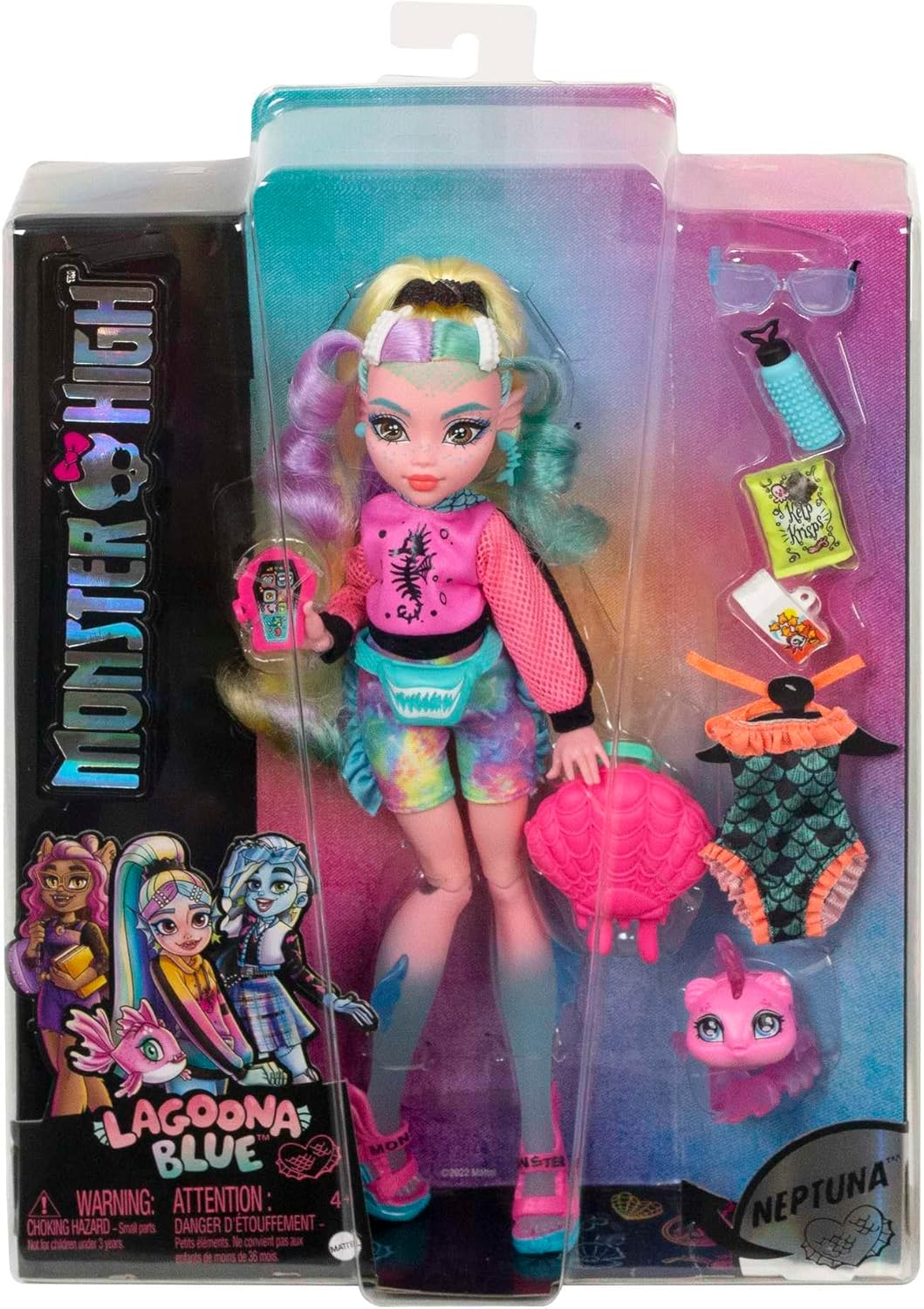 Monster High Boneca, Lagoona Azul com Acessórios e Piranha de Estimação, Boneca Fashion Posable com Cabelos Listrados Coloridos, HHK55