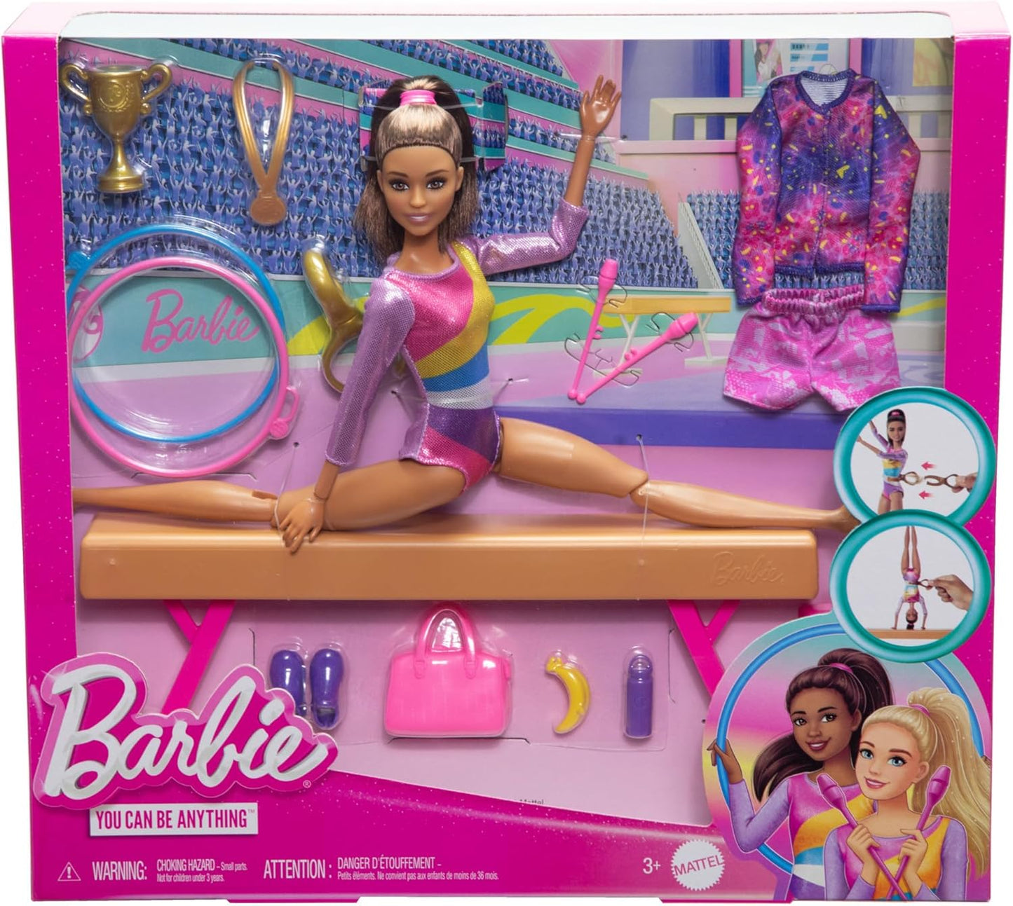 Barbie Boneca de ginástica e acessórios, conjunto de brinquedos com boneca loira fashion, clipe C para ação de giro, trave de equilíbrio, traje de aquecimento e muito mais