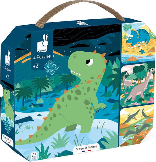 Janod - 4 puzzles de dinosaurios - Puzzle progresivo infantil - De 6 a 16 piezas - Desarrolla la paciencia y la destreza - Fabricado en Francia - Juego educativo para mayores de 24 meses,