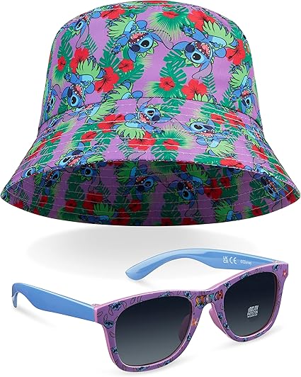 Disney Stitch Gafas de sol y sombrero de cubo Conjunto de accesorios de verano para niñas Ligero Transpirable Talla única Sombrero para el sol 100% Protección UV Gafas de sol para niños Punto de viaje Regalos de vacaciones para niñas