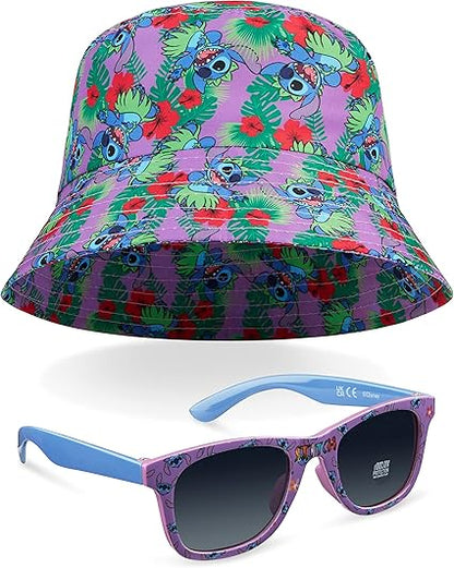 Disney Stitch Gafas de sol y sombrero de cubo Conjunto de accesorios de verano para niñas Ligero Transpirable Talla única Sombrero para el sol 100% Protección UV Gafas de sol para niños Punto de viaje Regalos de vacaciones para niñas