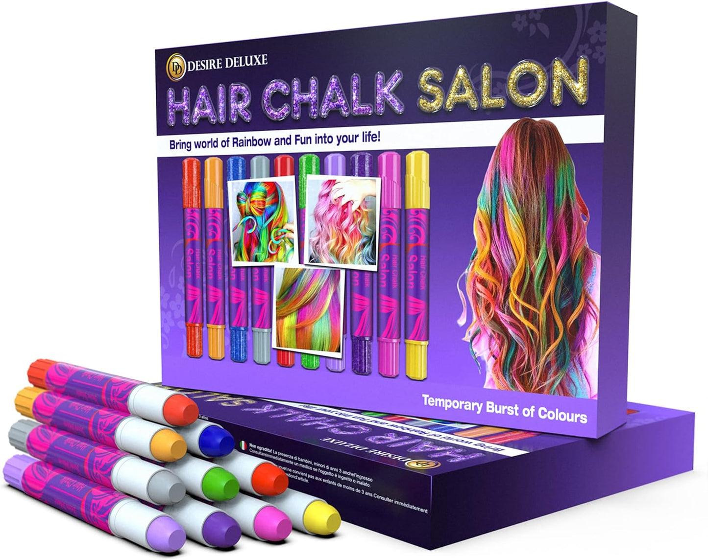 Presente de giz de cabelo deluxe Desire para meninas - 10 tinturas de cabelo temporárias não tóxicas, fáceis de lavar, coloridas, metálicas e com glitter - Great Games Birthday Girls