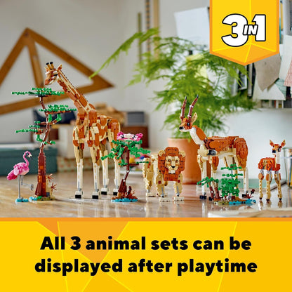 LEGO Criador 3 em 1 animais selvagens de safari, brinquedo de girafa para figuras de gazela para modelo de leão, conjunto para crianças, meninas e meninos de 9 anos ou mais, inclui flamingo e borboleta, presentes da natureza