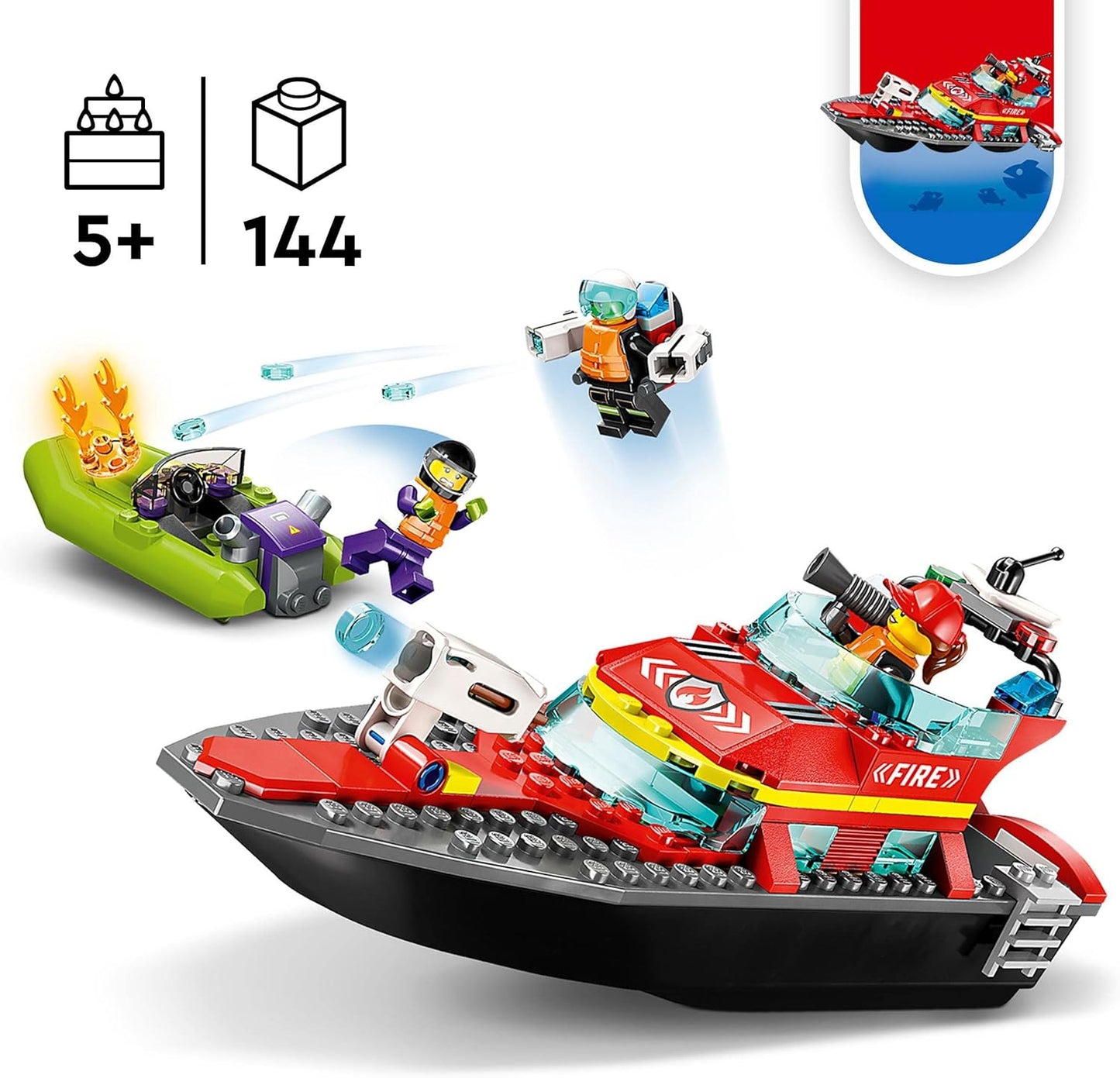 LEGO 60373 City Fire Rescue Boat Toy, flutua na água, com Jetpack, bote e 3 minifiguras, brinquedos de heróis do dia a dia para meninos e meninas com mais de 5 anos