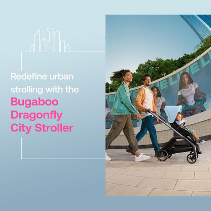 Bugaboo Carrinho de bebê Dragonfly City, carrinho de bebê leve e compacto com dobra fácil com uma mão em qualquer posição, suspensão total, cesta XL sob o assento, chassi de grafite e capota solar Skyline Blue