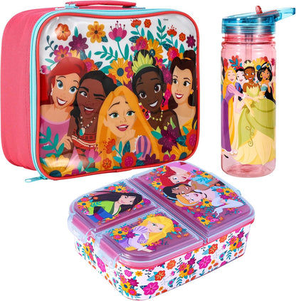 Zawadi Global Conjunto de lancheira infantil Disney Princess Kids - lancheira isolada, lancheira com vários compartimentos e garrafa de água de 580 ml - conjunto de comida para almoço de viagem escolar, sem BPA