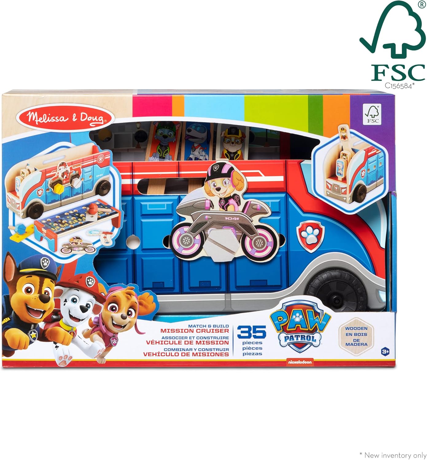 Melissa & Doug Caminhão de brinquedo PAW Patrol com blocos de construção de madeira com alfabeto e número, brinquedos infantis para meninas e meninos de 3 anos ou mais, brinquedos PAW Patrol para meninos, presente de veículos infantis para menino ou