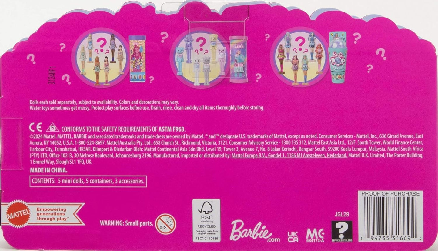 Polly Pocket  Barbie Mini Barbie Land Pacote com 5 Bonecas Pop Reveal, Mini Boneca de 1,5 polegada com Revelação Surpresa e Peça de Brinquedo Sensorial (Os Estilos Podem Variar), JGL29