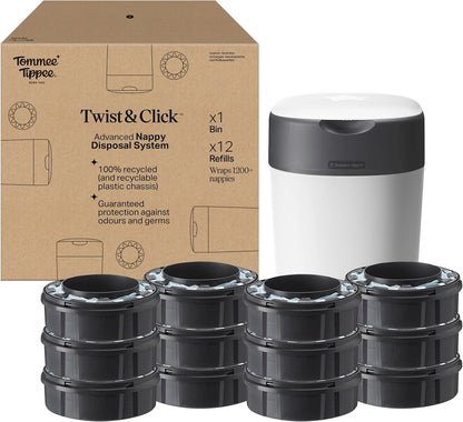 Tommee Tippee Twist and Click Nappy Bin Starter Set Filme antibacteriano, chassi 100% reciclado, branco