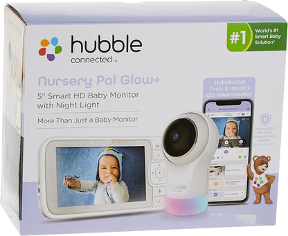 HUBBLE CONNECTED Nursery Pal Glow + monitor de bebê com vídeo de 5 polegadas com luz noturna, panorâmica, inclinação e zoom remotos, sensor de temperatura ambiente, conexão Wi-Fi privada e segura - branco