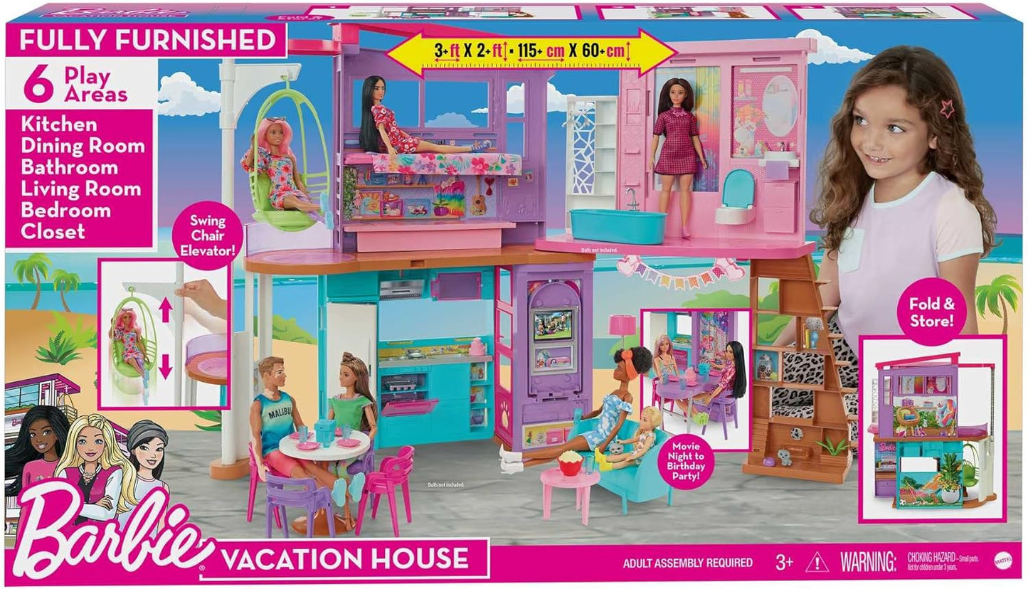 Barbie Casa de férias, casa da Barbie totalmente mobiliada de 2 andares com 6 áreas de recreação, cadeira de balanço com elevador, 30 acessórios, dobrar e guardar, brinquedos para maiores de 3 anos, uma casa de brinquedo, HCD50